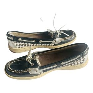 SPERRY Angelfish Boat Shoe Houndstooth Pattern Navy Blue Sz 8 Classic Preppy Y2K